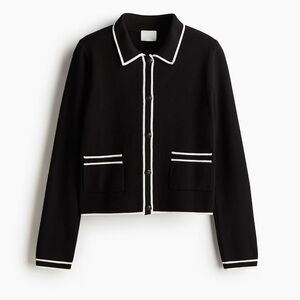 NWT. H&M Knit Cardigan With Collar. Black With White Trim. Size  XL